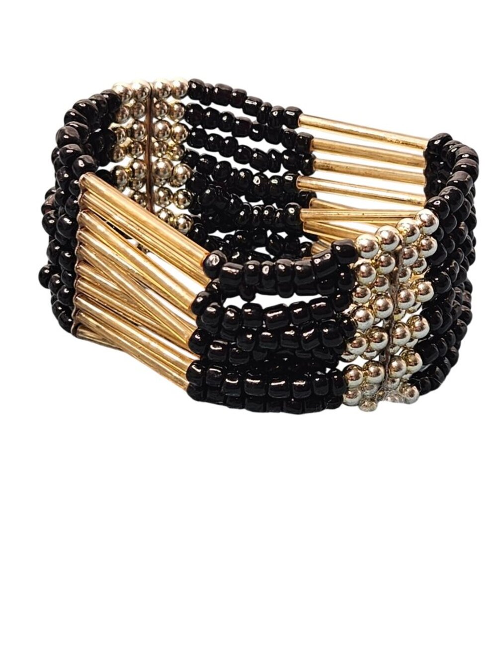 Black Glass Seed Bead Stretchy Bracelet Silvertone 6.75 inches Unstretched